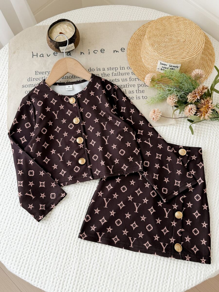 SHEIN 女童全印花金色鈕扣門襟夾克外套與裙子套裝 - 棕色 - 查看 1