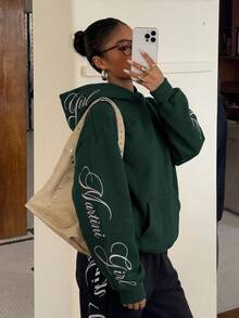 Muchica Letter Graphic Drop Shoulder Hoodie - Dark Green - View 4