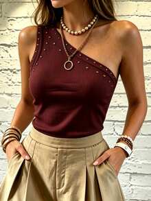 Cévolie One Shoulder Rhinestone Detail Top - Red Violet - View 5
