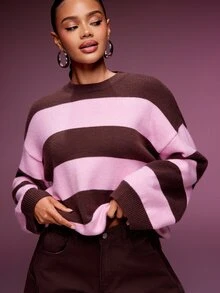 Denimoi Sweater Rajut Leher Bulat Bergaris Kontras Merah Muda & Cokelat untuk Wanita, Pullover Lembut Lengan Panjang Santai, Atasan Kasual Musim Gugur/Dingin - Coklat - View 2