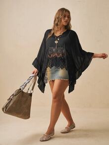Freevana Plus Contrast Lace Batwing Sleeve Mesh Top Without Bra Fall - Black - View 4