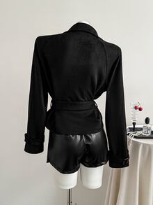 Elamini Lapel Neck Belted Trench Coat - Black - View 2