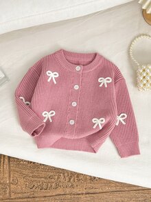 Cozy Pixies Baby Girl Bow Front Button Placket Cardigan - Pink - View 8