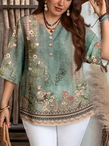 EMERY ROSE Blusa de talla grande con estampado floral y cuello con muesca - Verde - Ver 6
