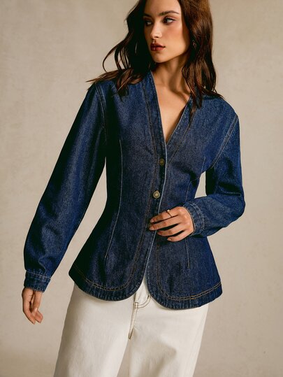 CielaLinda V-Neck Button Front Denim Top
