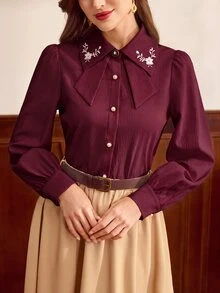 Vintamour 花卉刺繡前開扣襯衫 - 酒紅色 - 查看 2