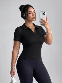 SHEIN Velisys 大尺碼純色V領短袖修身運動牛仔女孩T恤健身黑色夏季 - 黑色 - 查看 1