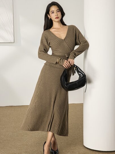 Heiryn Solid Surplice Neck Belted Ribbed Knit Sweater & Knit Skirt Set