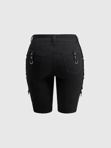 ROMWE Grunge Punk Plus Size Denim Shorts - Hitam - View 2