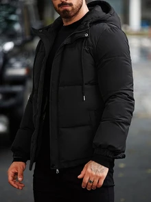 Manfinity Homme Men Zip Up Drawstring Hooded Padded Coat, Puffer - Black - View 5