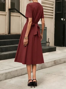 Editum V Neck Button Front Midi Dress - Red - View 5