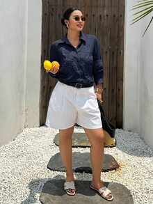 Dazy Plus Plus Floral Embroidery Button Front Shirt Vacation - Navy Blue - View 4