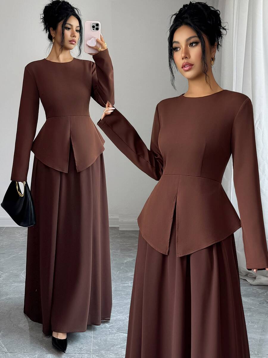 Elenzga Gaun Panjang Polos dengan Kelim Asimetris - Coklat - View 1