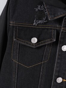 SHEIN Tween Boy 1pc Top-Stitching Flap Pocket Hooded Denim Jacket - Black - View 6