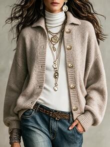 SHEIN Drop Shoulder Button Front Cardigan - Khaki - View 8