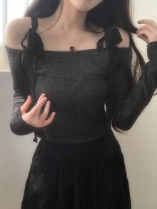 DAZY Solid Tie Shoulder Long Sleeve Tee Fall Vacation - Black - View 5