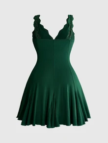 ROMWE Fairycore Plus Contrast Lace Bow Front Cami Dress - Green - View 2