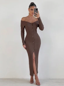 Sirith Busana Musim Gugur untuk Wanita: Gaun Sweater Elegan dengan Bahu Terbuka dan Kancing Depan, Cocok untuk Makan Malam dan Liburan, Warna Cokelat Mocha, Seksi untuk Musim Gugur. - Coffee Brown - View 7