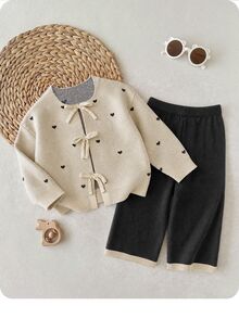 SHEIN Baby Girl Heart Pattern Cardigan & Knit Pants - Apricot - View 6