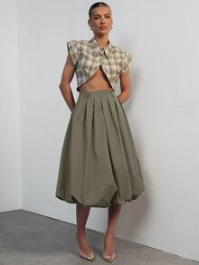 Hauture High Waist Fold Pleated Skirt - Army Green - View 5