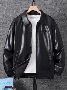 SHEIN 青少年男孩拉鍊式PU皮革夾克 - 黑色 - 查看 5