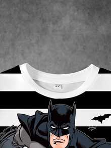 BATMAN X SHEIN 小男孩條紋與卡通圖案印花T恤 - 白色 - 查看 4