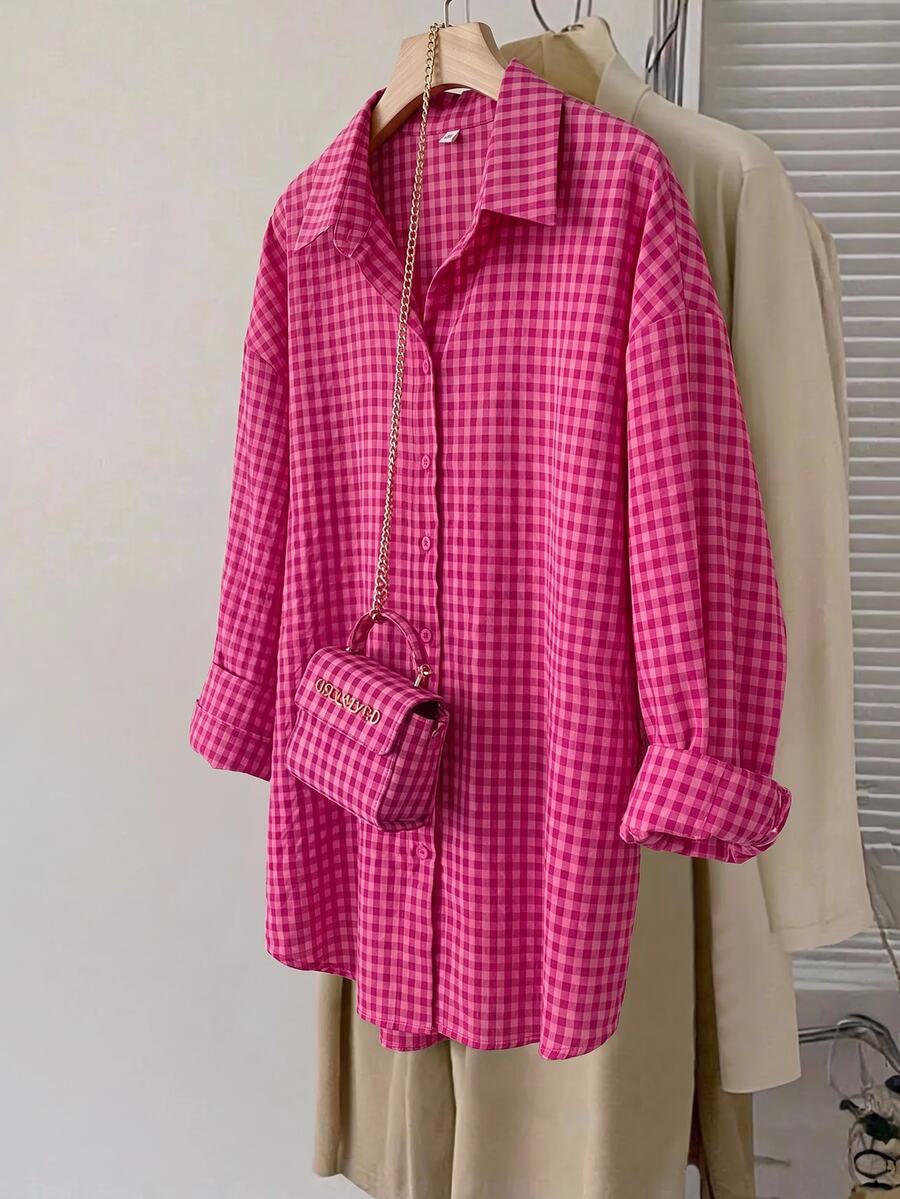 Comfylo Camisa de hombros caídos con estampado de cuadros y bolso - Rosa Fucsia - Ver 1