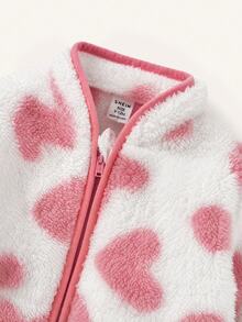 SHEIN Baby Girl Heart Pattern Contrast Binding Teddy Jacket & Pants - Pink - View 7