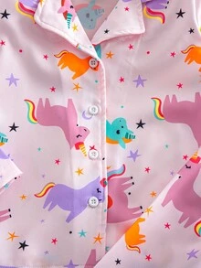 SHEIN 女童獨角獸印花長袖上衣與長褲睡衣套裝 - 粉色 - 查看 9