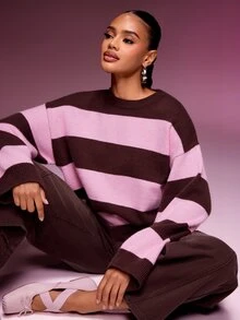 Denimoi Sweater Rajut Leher Bulat Bergaris Kontras Merah Muda & Cokelat untuk Wanita, Pullover Lembut Lengan Panjang Santai, Atasan Kasual Musim Gugur/Dingin - Coklat - View 5