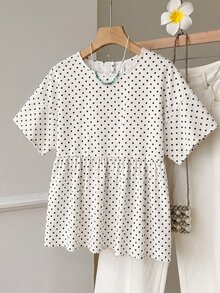 SHEIN EZwear 波點印花荷葉邊上衣 - 白色 - 查看 5