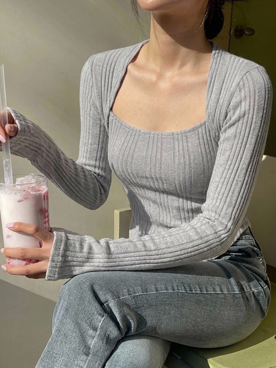 DAZY Square Neck Ribbed Knit Tee - Grey - View 1