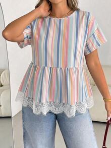 Shapeblank Plus 1pc Striped Print Lace Trim Peplum Blouse - Multicolor - View 7
