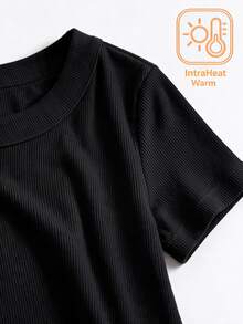 SHEIN BASICS Women's Solid Color Round Neck Short Sleeve Fitted Elegant Basic Dress Fall Outfits For Women Office Black Warm - Black - View 6