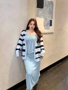 Vibekara Plus Size Contrast Striped Drop Shoulder Cardigan Winter - Multicolor - View 4