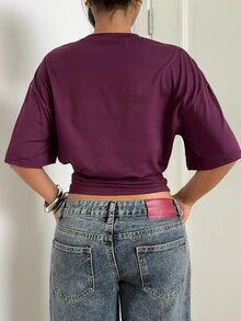 Aloruh Kaos Crop Top Polos dengan Bahu Jatuh, Cocok untuk Acara Santai, Brunch, Pantai, Hari Minggu, Warna Ungu Tua, dan Gaya Kasual Musim Panas. - Red Violet - View 2
