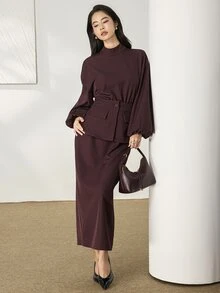 Heiryn Mock Neck Lantern Sleeve Top & Peplum Pencil Skirt Set - Burgundy - View 1