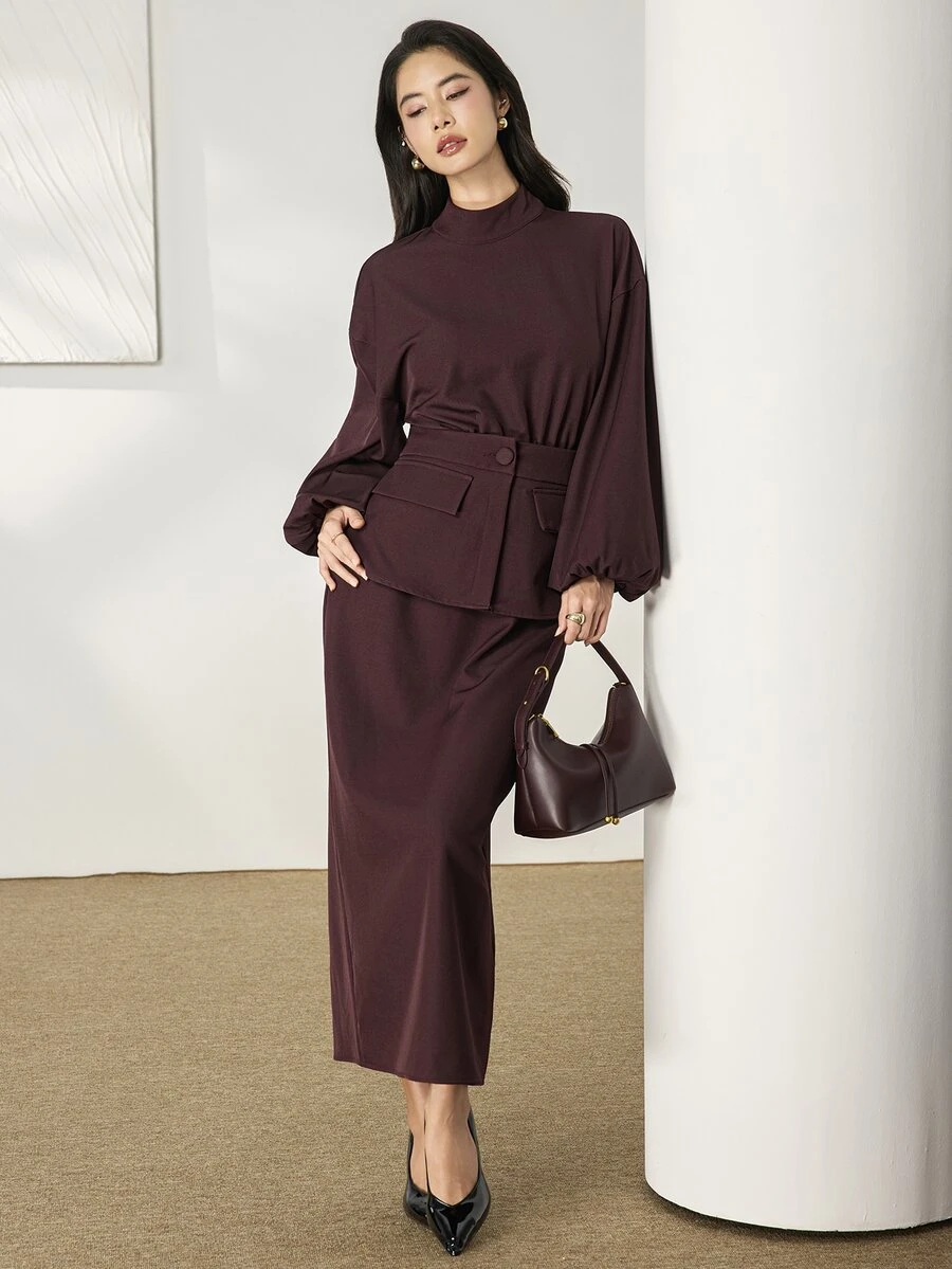 Heiryn Mock Neck Lantern Sleeve Top & Peplum Pencil Skirt Set - Burgundy - View 1