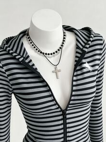 Elamini Women's Autumn/Winter Comfy And Cozy Striped Zip Through Hooded Jacket. - Black - View 4