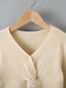 SHEIN Young Girl Twist Front Drop Shoulder Sweater - Beige - View 3