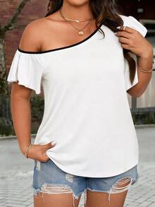 EMERY ROSE Plus Size Asymmetrical Neck Ruffle Trim Contrast Binding Tee - White - View 6