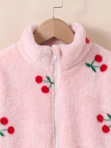 SHEIN 女童櫻桃印花落肩泰迪夾克外套（不含毛衣） - 彩色 - 查看 3