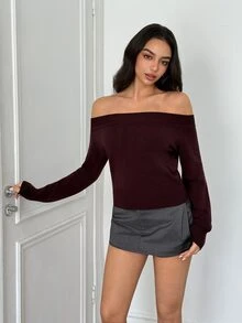 SHEIN Off Shoulder Ribbed Knit Sweater Going Out Burgundy Autumn Elegant - Purple - View 4