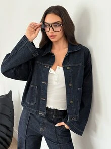 SHEIN Dual Pocket Drop Shoulder Denim Jacket - Navy Blue - View 6