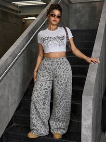 SHEIN ICON 大尺碼豹紋寬腿牛仔褲 - 彩色 - 查看 3