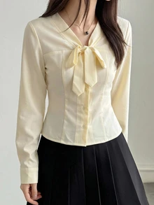 DAZY Solid Tie Neck Button Through Blouse - White - View 5