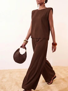 Zivah Shoulder Pad Tank Top & Belted Wide Leg Pants - Brown - View 6