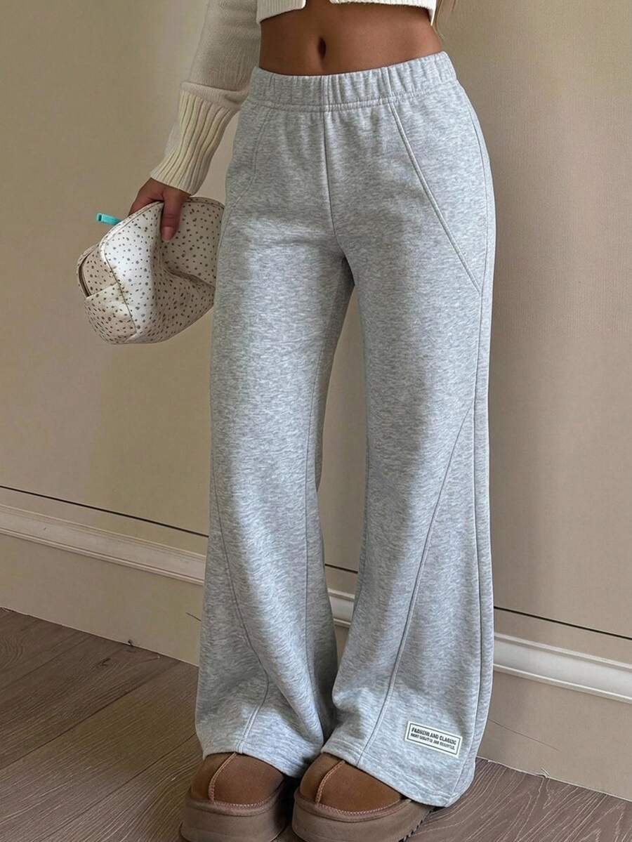 SHEIN 青少年女孩 1件 純色彈性腰貼布裝飾喇叭褲 - 灰色 - 查看 1