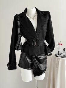 Elamini Lapel Neck Belted Trench Coat - Black - View 4
