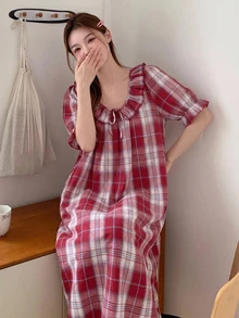 DAZY Plaid Ruffle Trim Tie Front Puff Sleeve Sleep Dress - Red - View 7
